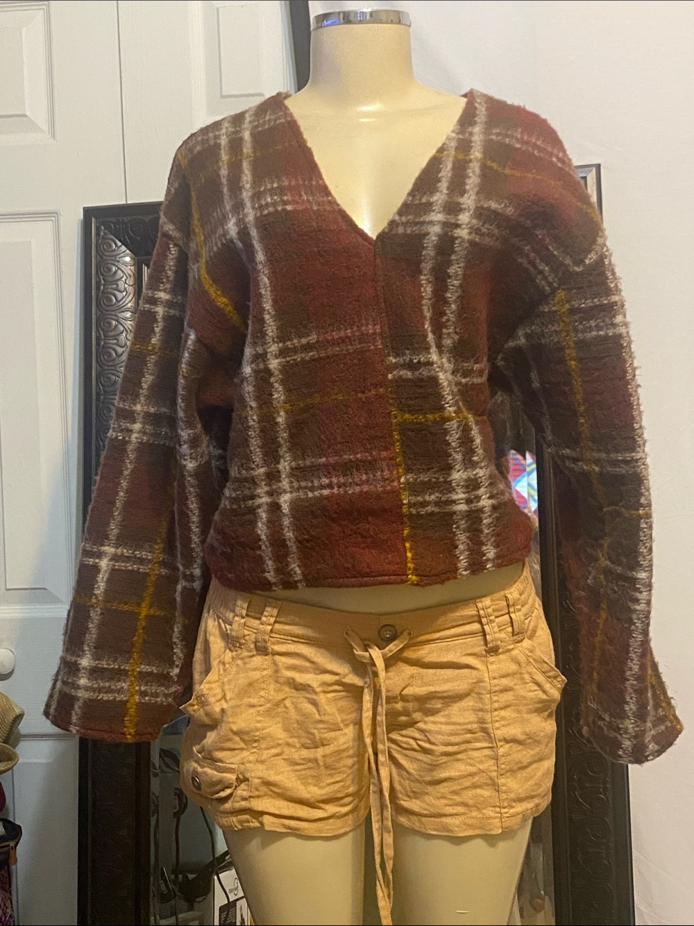 Zara Maroon Plaid V-Neck Sweater